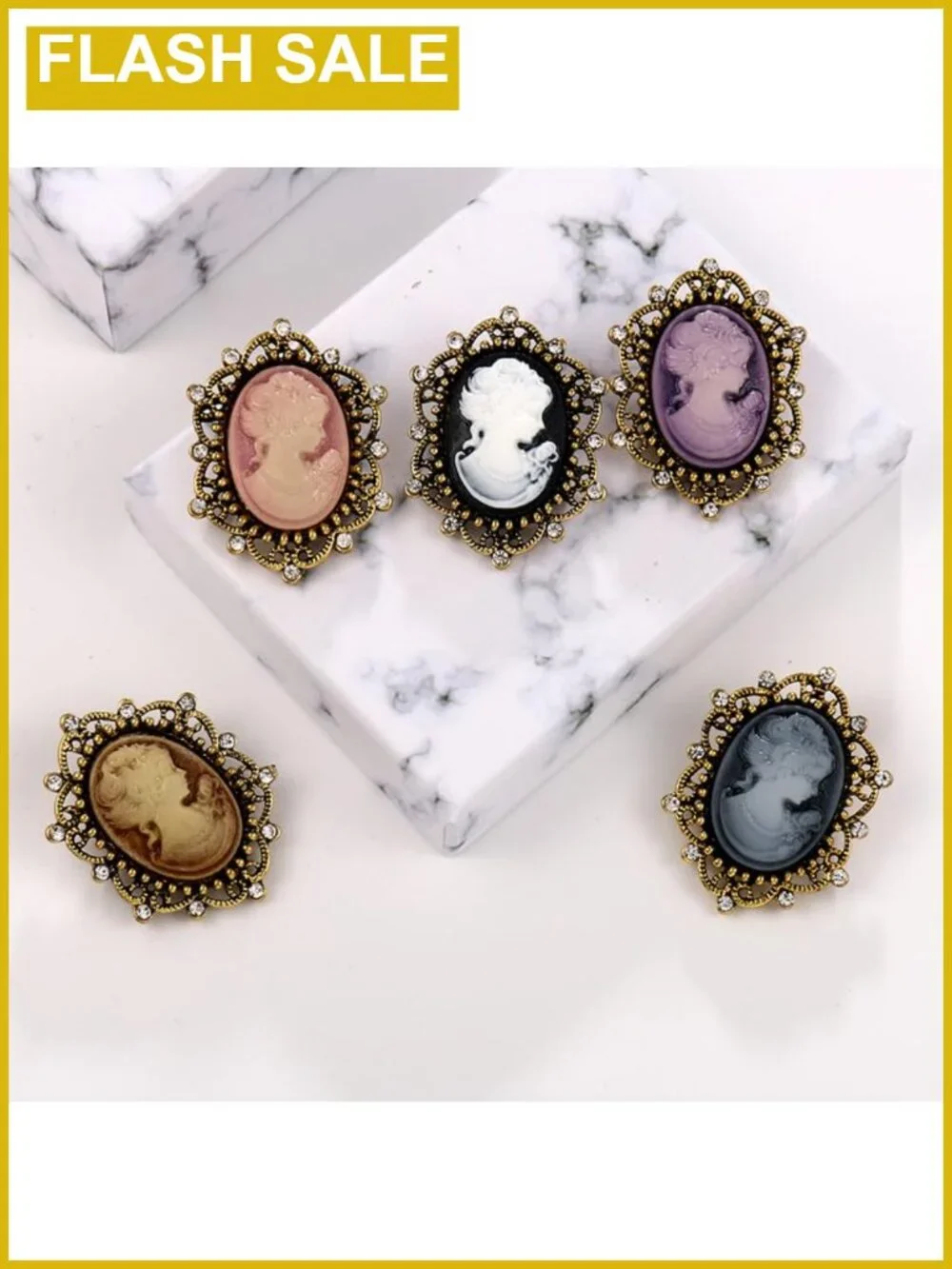Victorian Cameo Brooch Pin, 6 Piece Set, Antique Gold Finish, Scarf Lapel Pin,